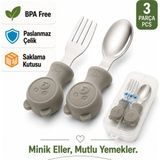 Jojobebek Gri Renk Ayıcık Figürlü Premium Çocuk BPA Free Silikon Sap Paslanmaz Çelik Uçlu Çatal-Kaşık Set ve Saklama Kutusu 9+ Ay
