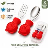 Jojobebek Kırmızı Renk Ayıcık Figürlü Premium Çocuk BPA Free Silikon Sap Paslanmaz Çelik Uçlu Çatal-Kaşık Set ve Saklama Kutusu 9+ Ay