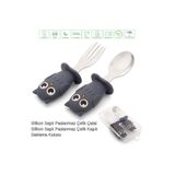 jojobebek Lacivert Baykuş Premium Çocuk BPA Free Silikon Saplı Paslanmaz Çelik Uçlu Çatal-Kaşık Set 9+ Ay