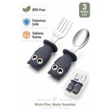 jojobebek Lacivert Baykuş Premium Çocuk BPA Free Silikon Saplı Paslanmaz Çelik Uçlu Çatal-Kaşık Set 9+ Ay