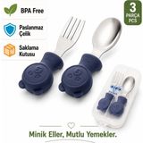 Jojobebek Lacivert Renk Ayıcık Figürlü Premium Çocuk BPA Free Silikon Sap Paslanmaz Çelik Uçlu Çatal-Kaşık Set ve Saklama Kutusu 9+ Ay