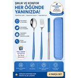 jojobebek Mavi Renk Premium Çocuk Paslanmaz Çelik Çatal-Kaşık ve Çubuk Set, 5 Parça (24+ Ay)