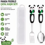 Jojobebek Panda Paslanmaz Çelik Tavşan Figürlü Bebek Çatal Kaşık Seti – Bpa Içermez, Silikon Saplı, Saklama Kutulu - Siyah - Beyaz