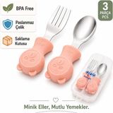 Jojobebek Pembe Renk Ayıcık Figürlü Premium Çocuk BPA Free Silikon Sap Paslanmaz Çelik Uçlu Çatal-Kaşık Set ve Saklama Kutusu 9+ Ay