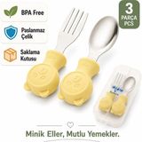 Jojobebek Sarı Renk Ayıcık Figürlü Premium Çocuk BPA Free Silikon Sap Paslanmaz Çelik Uçlu Çatal-Kaşık Set ve Saklama Kutusu 9+ Ay