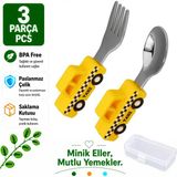 Jojobebek Sarı Renk Taksi Figürlü Premium Çocuk BPA Free Silikon Sap Paslanmaz Çelik Uçlu Çatal-Kaşık Set ve Saklama Kutusu 9+ Ay