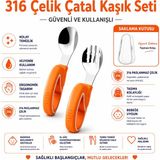 jojobebek Turuncu Renk Figürlü Premium Çocuk BPA'sız Silikon Saplı Paslanmaz Çelik Uçlu Çatal-Kaşık, S.Kutusu