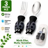 Jojobebek Uğurböceği Premium Çocuk Bpa'sız Silikon Saplı Paslanmaz Çelik Uçlu Çatal-Kaşık/saklama Kutusu 9+Ay - Lacivert