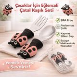 Jojobebek Uğurböceği Premium Çocuk Bpa'sız Silikon Saplı Paslanmaz Çelik Uçlu Çatal-Kaşık/saklama Kutusu 9+Ay - Pembe