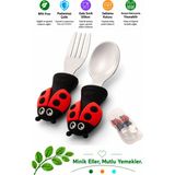 Jojobebek Uğurböceği Premium Çocuk Bpa'sız Silikon Saplı Paslanmaz Çelik Uçlu Çatal-Kaşık/saklama Kutusu - Kırmızı - Siyah