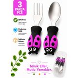 Jojobebek Uğurböceği Premium Çocuk Bpa'sız Silikon Saplı Paslanmaz Çelik Uçlu Çatal-Kaşık/saklama Kutusu - Mor