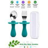 jojobebek Yeşil Renk Figürlü Premium Çocuk BPA Free Silikon Sap Paslanmaz Çelik Uçlu Çatal-Kaşık Set 9+ Ay