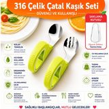 jojobebek Yeşil Renk Figürlü Premium Çocuk BPA'sız Silikon Saplı Paslanmaz Çelik Uçlu Çatal-Kaşık, S.Kutusu