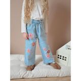 Jolly Kids Kız Çocuk Papatya Nakışlı Mavi Bol Paça Jeans Pantolon - 7 - 8 Yaş
