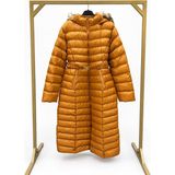 JOOQSTORE Kadın Uzun Kürk Kapüşonlu Kemerli Şişme Mont - Turuncu