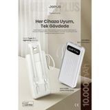 Jopus 10000MAH Powerbank Dahili Kablolu, LCD Ekranlı, LED Lambalı, Taşınabilir Şarj Cihazı Beyaz JP-P11