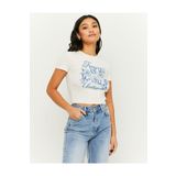 Jose Clothing Kadın Beyaz Baskılı Kısa Kollu Vücuda Oturan Crop Top Bluz