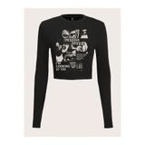 Jose Clothing Kadın Kahverengi Baskılı Bisiklet Yaka Y2K Stili Vücuda Oturan Organik Pamuk Uzun Kollu Crop Bluz