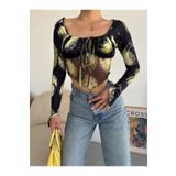 Jose Clothing Kadın Siyah Yeşil Desenli Ön Asimetrik Tül Detay Uzun Kollu Crop Bluz