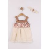 Joy Kids Kız Bebek Etnik Desenli Askılı Keten Elbise (6-24AY) (Bej-Kahve) - 6 - 9 Ay - Bej - Kahve
