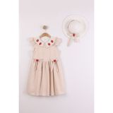 Joy Kids Kız Çocuk Astarlı Şapka Hediyeli Keten Elbise (6-9yaş) (Bej) - 9 Yaş