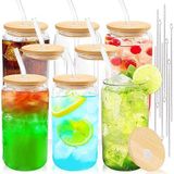 Joyclub Bambu Kapaklı ve Pipetli Cam Bardaklar 8 Set 16oz Yeniden Kullanılabilir Buzlu Kahve Fincanı Bira İçecek Bardakları Smoothie Viski Boba Soda Çay Hediye