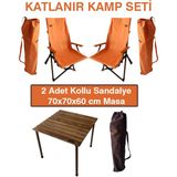 Joyfull Turtle Ahşap Kayın- Katlanır Kamp Kollu Sandalye ve Masa Seti - Koyu Ceviz Iskelet - Turuncu Kılıf - Turuncu Çanta