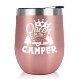 Joyloce Queen Of The Camper Şarap Bardağı Kamp Kahve Kupası Kupa Kadın Karavan Sapsız Kapaklı Bardak Paslanmaz Çelik Yalıtımlı Vakum 340 ml Karavan Hediyeleri Açık Hava Yürüyüş