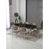 JoyMassa Luna Arya Lak Panel Yemek Masası Takımı / 6 Kişilik Mdf Masa & Polo Sandalye Takımı - Siyah - Altın - 90x180