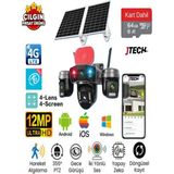 Jtech O-Kam Pro OK-336 Premium 4g 12MP Sim Kartlı Solar Panelli Polis Çakarlı 4 Lens 1 Ptz Akıllı Kamera - 64gb SD Kart