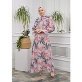 Jud Fashion Fırfırlı Çiçekli Elbise - 40 - Gri - Kırmızı