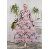Jud Fashion Fırfırlı Çiçekli Elbise - 42 - Gri - Kırmızı