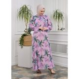 Jud Fashion Fırfırlı Çiçekli Elbise - 46 - Mor - Yeşil