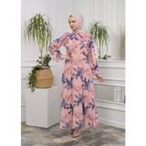 Jud Fashion Fırfırlı Çiçekli Elbise - 48 - Pembe - Mor