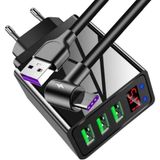 Judas A8 Led Göstergeli Çoklu Şarj Adaptörü + J8 Type-C 90 Derece 5A/100W Şarj Kablosu -3mt - Siyah