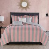 Juicy Couture Cabana Çizgili Çift Taraflı Yatak Takımı - Kraliçe/Tam Boy - Pembe ve Gri Çizgili Baskı - 6 Parça Set - 1 90 x 90 Yorgan içerir, 3 Dekoratif Yastık, 2 Yastık Kılıfı