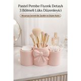 Jüjü Design Fiyonk Detaylı 3 Bölmeli Makyaj Fırçası Organizeri Pastel Pembe Masaüstü Düzenleyici