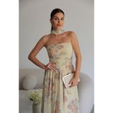 Julidress Sarı Desenli Fularlı Detaylı Astarlı Premium Şifon Elbise