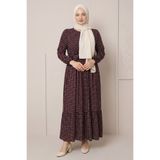Juliet Deluxe Kadın Büyük Beden Dokuma Viskon Kumaş Uzun Kollu Tesettür Elbise / Bordo-bej 33414