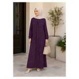 Juliet Deluxe Kadın Büyük Beden Dokuma Viskon Kumaş Uzun Kollu Tesettür Elbise / Mor-Kahve - 33393