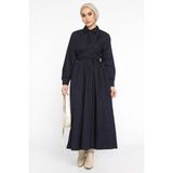 Julude Bel Bağlamalı Yarım Düğmeli Tesettür Elbise - Lacivert - L - XL
