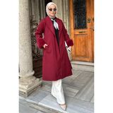 Julude Bel Kuşaklı Kol Ucu Peluş Detaylı Tesettür Kaşe Kaban P-00019056 - Bordo - 36