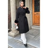 Julude Bel Kuşaklı Kol Ucu Peluş Detaylı Tesettür Kaşe Kaban P-00019056 - Siyah - 36