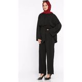 Julude Bel Lastikli Çimalı Pantolon Bağlama Detaylı Tunik Tesettür Ikili Takım P-00022704 - 38 - Siyah