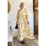 Julude Bilek Lastikli Ön Düğme Detaylı Desenli Yazlık Tesettür Elbise P-00017805 - Açık Sarı - L - XL