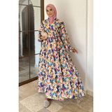 Julude Bilek Lastikli Ön Düğme Detaylı Desenli Yazlık Tesettür Elbise P-00017805 - Krem - Saks - L - XL