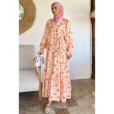 Julude Bilek Lastikli Ön Düğme Detaylı Desenli Yazlık Tesettür Elbise P-00017805 - Orange - L - XL