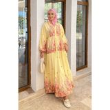 Julude Bilek Lastikli Ön Düğme Detaylı Desenli Yazlık Tesettür Elbise P-00017805 - Sarı - Fuşya - L - XL