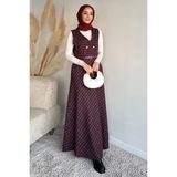 Julude Ekose Desenli Kemerli Tesettür Jile Elbise P-00020206 - Bordo - 46