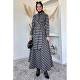 Julude Gülseli Ekose Desenli Bel Bağlamalı Tesettür Elbise P-00020377 - Gri - 40